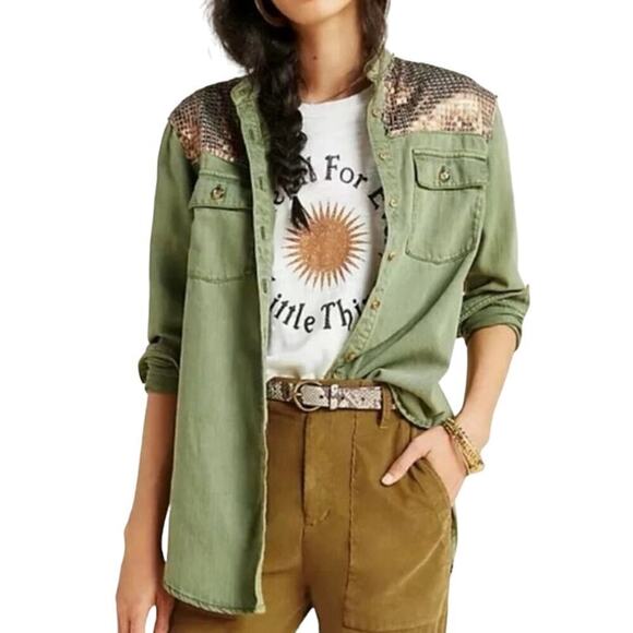 ANTHROPOLOGIE Sequin Sequined Cargo Button-Down Shirt Army Green - Sz 2 - Picture 1 of 5